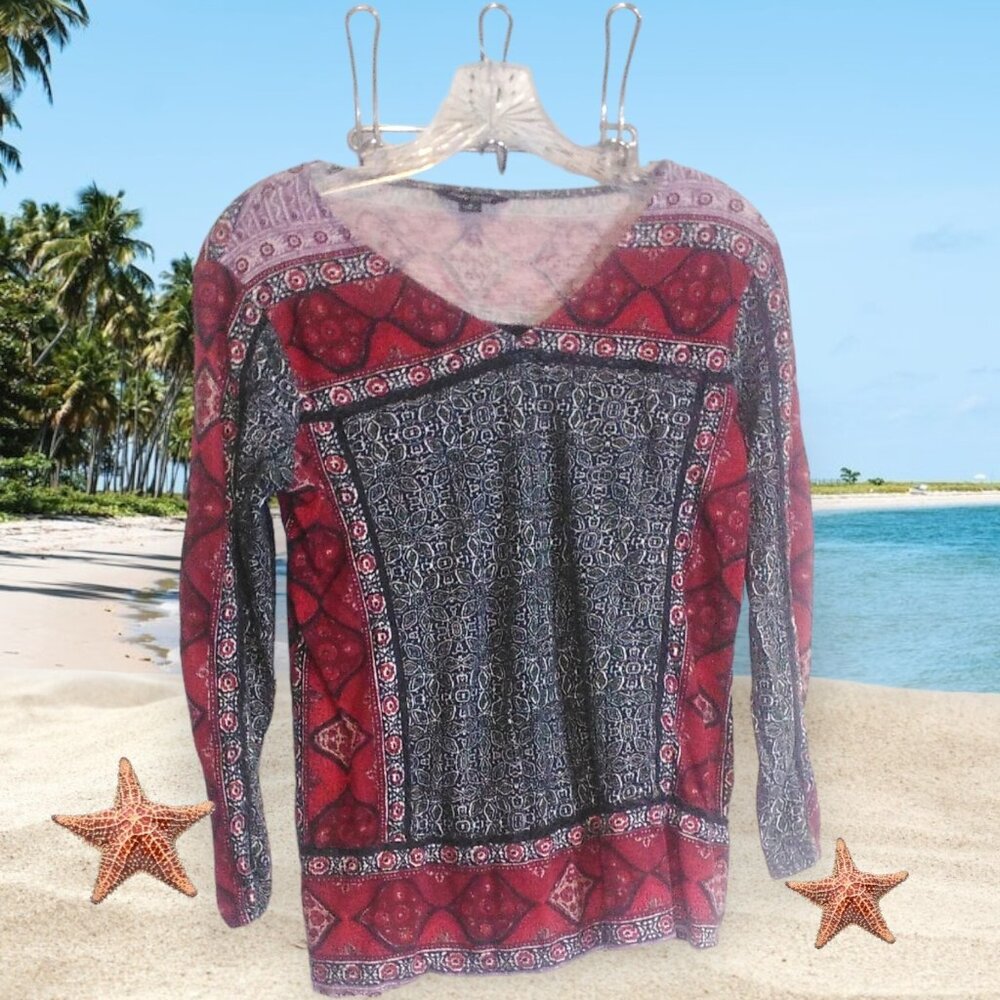 Lucky Brand Shirt Womens Small Floral Bohemian Geometric Blouse Crochet Trim